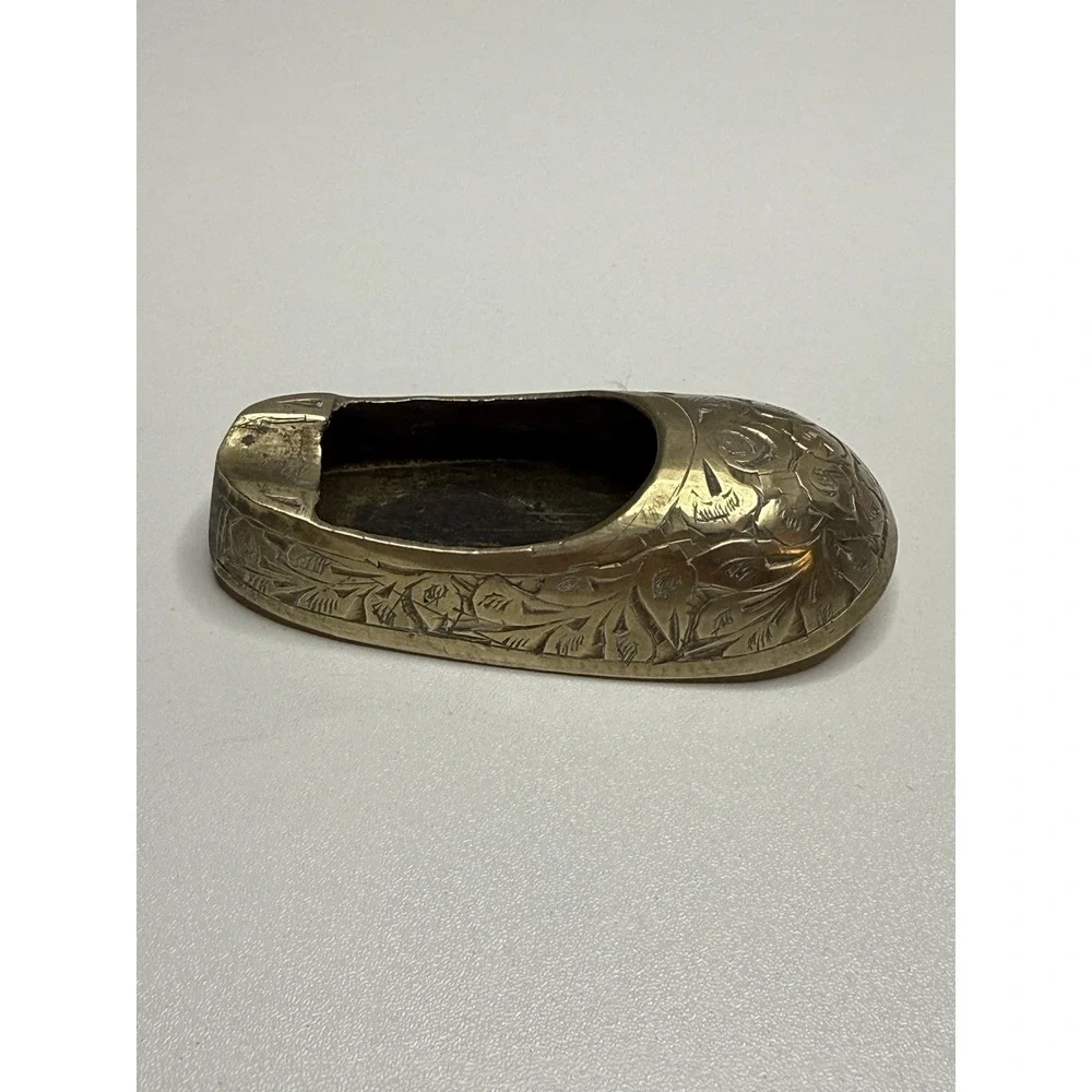 Vintage Brass Slipper Ashtray Etched Floral Design Mini Shoe Trinket Dish